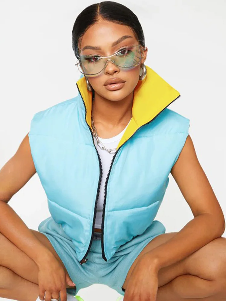 Autumn Winter Fashion Sleeveless Short Vest For Women Clothes Color Clash Two Wear Jacket Streetwear Zipper Stand-up Collar Coat