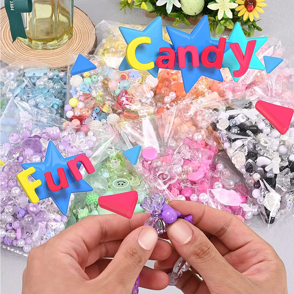 50/100g Acrylic Glass Beads Candy Color Plastic Beads Heart Bow Flower Loose Spacer for DIY Handmade Accessories Jewelry Making
