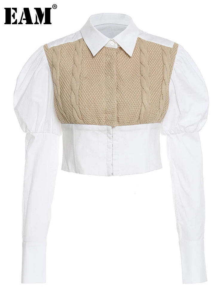

[EAM] Women Khaki Knitting Stitch Short Blouse New Lapel Long Sleeve Loose Fit Shirt Fashion Tide Spring Autumn 2023 1DA834