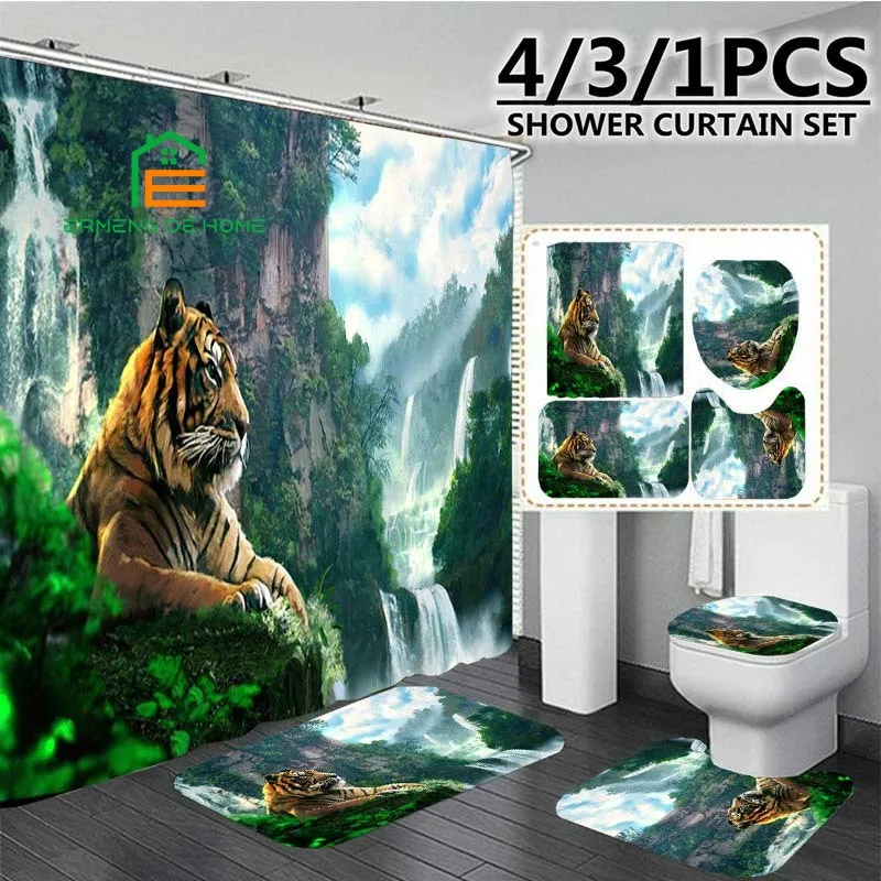 

Natural Scenery Tiger Print 3D Shower Curtain Waterproof Polyester Bathroom Curtain Anti-slip Bath Mat Set Toilet Rug Home Decor
