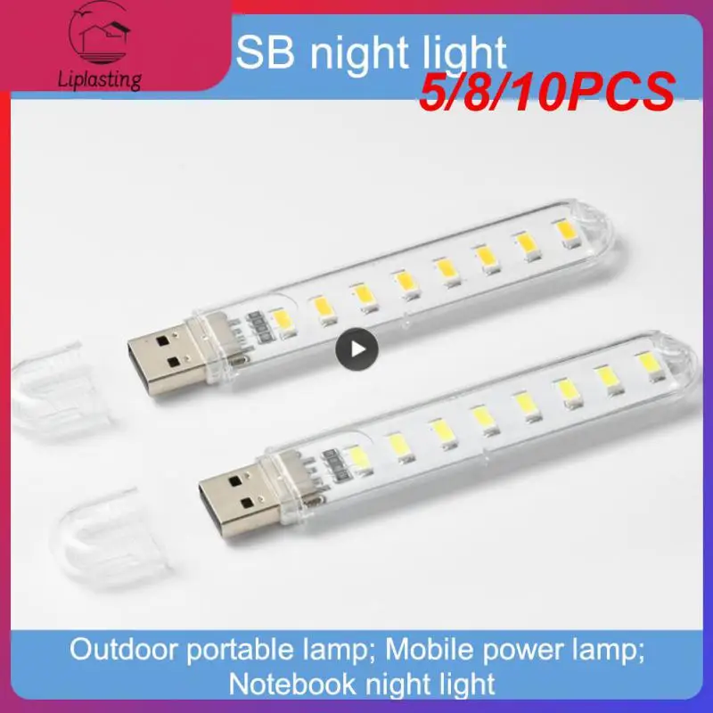 

5/8/10PCS White 5v Power 3000k-7000k Led Usb Light Portable Table Desk Lamp Flashlight Room Decor 8leds Book Light