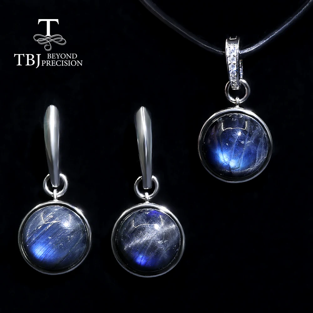 Простые круглые серьги из натурального синего лабрадорита с подвеской комплект