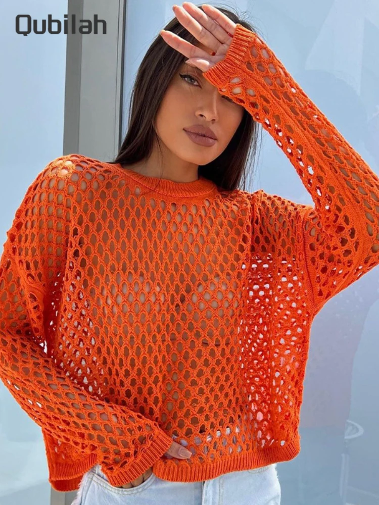 

See Through T-shirts Women Sexy Hollow Out Knitted T-shirt Y2k Fashion Solid Color Ripped Long Sleeve Top Summer Female Clothing