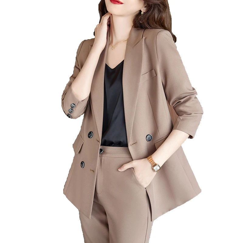 

Women Khaki Black Pant Suit High Quality For Office Ladies Work Wear Female Button Decoration Blazer and Trouser 2 Piece Set