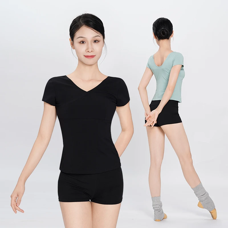 Женские танцевальные топы с v-образным вырезом футболка короткими рукавами