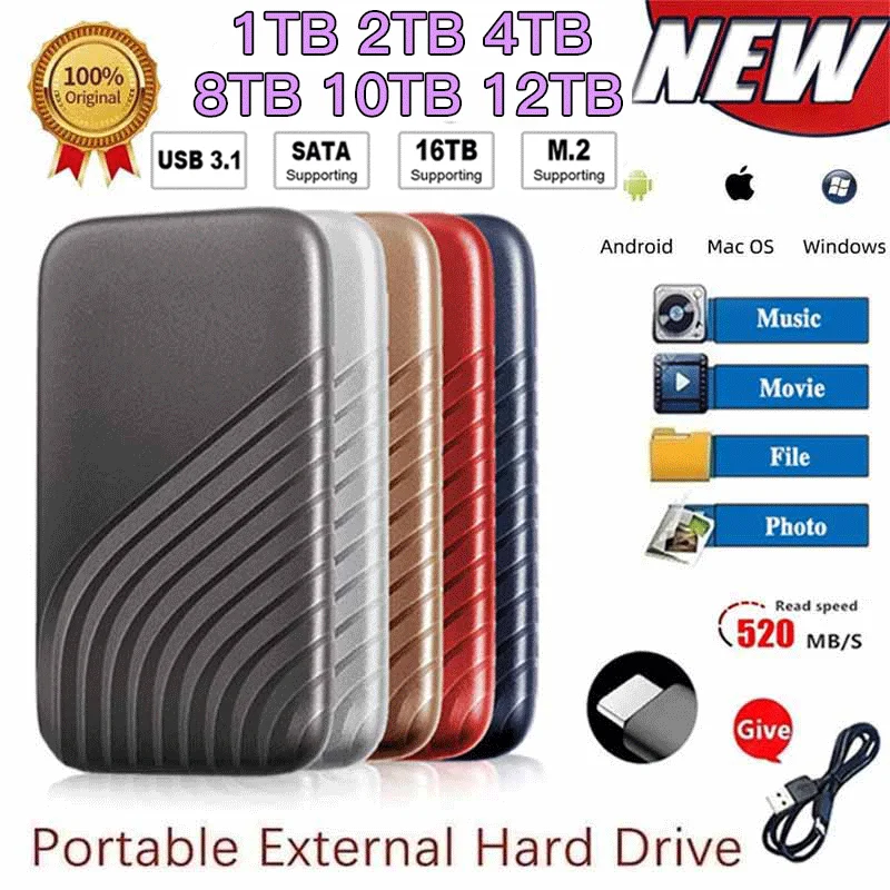 

High-Speed Protable SSD 1TB 2TB Type-C USB3.1 16TB 8TB External Solid State Drive 4TB Mobile Hard Drive for Laptop PC PS4 Xbox