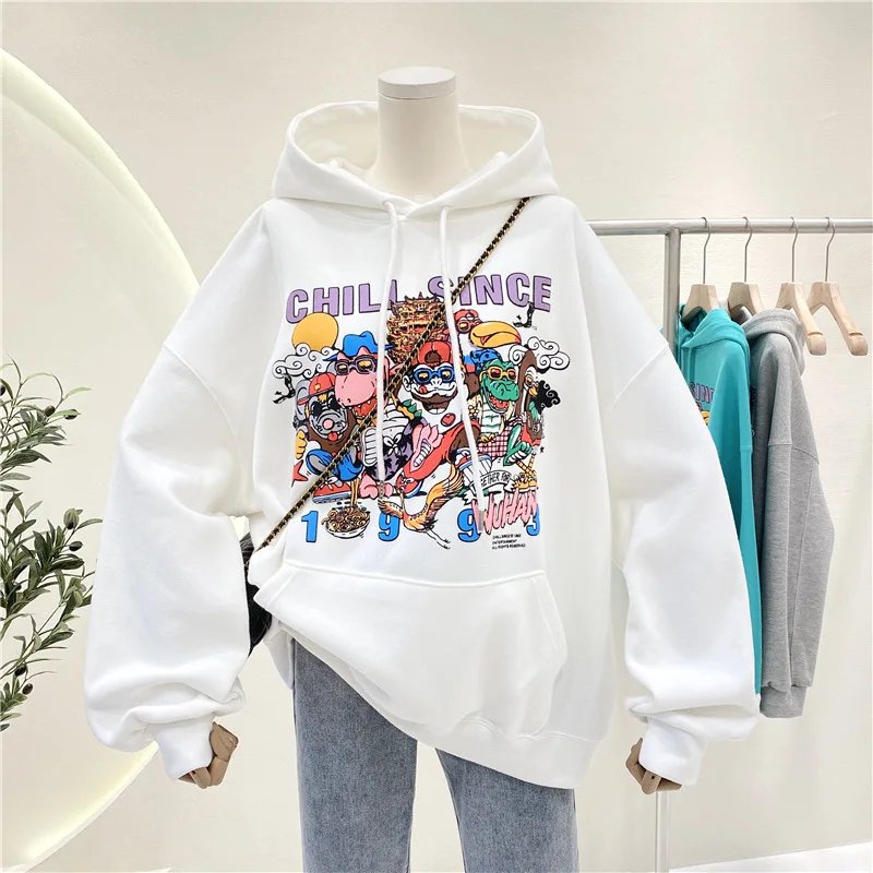 

Hoodies Sweatshirt Women Fleece Loose Korean Version Autumn Winter New Cartoon Pattern Print Long Sleeve Pullover Hoodies Top