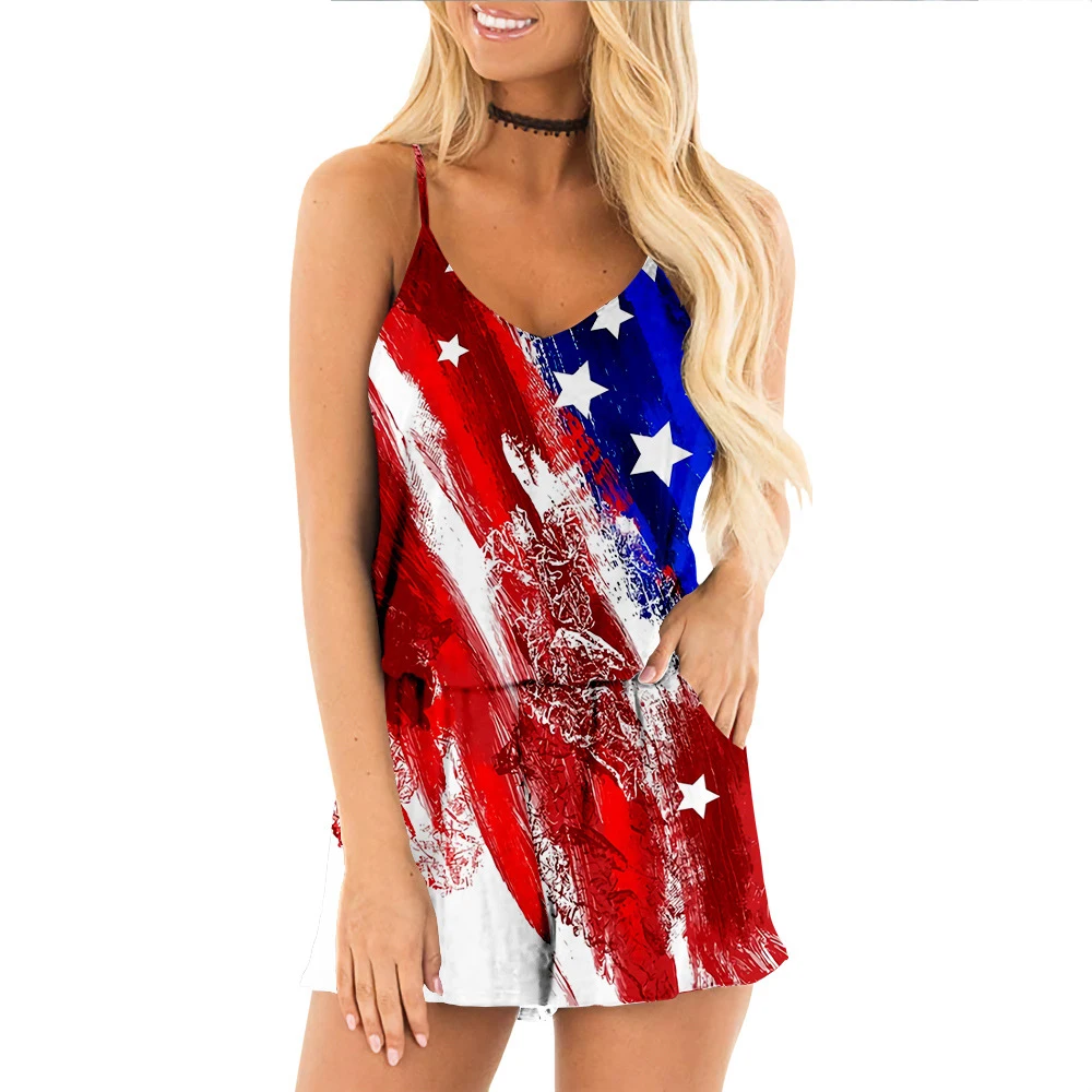 Independence Day Summer Women Pocket Spaghetti Strap O-neck Sleeveless American Flag Print Jumpsuit Fashion Streetwear Bodysuits