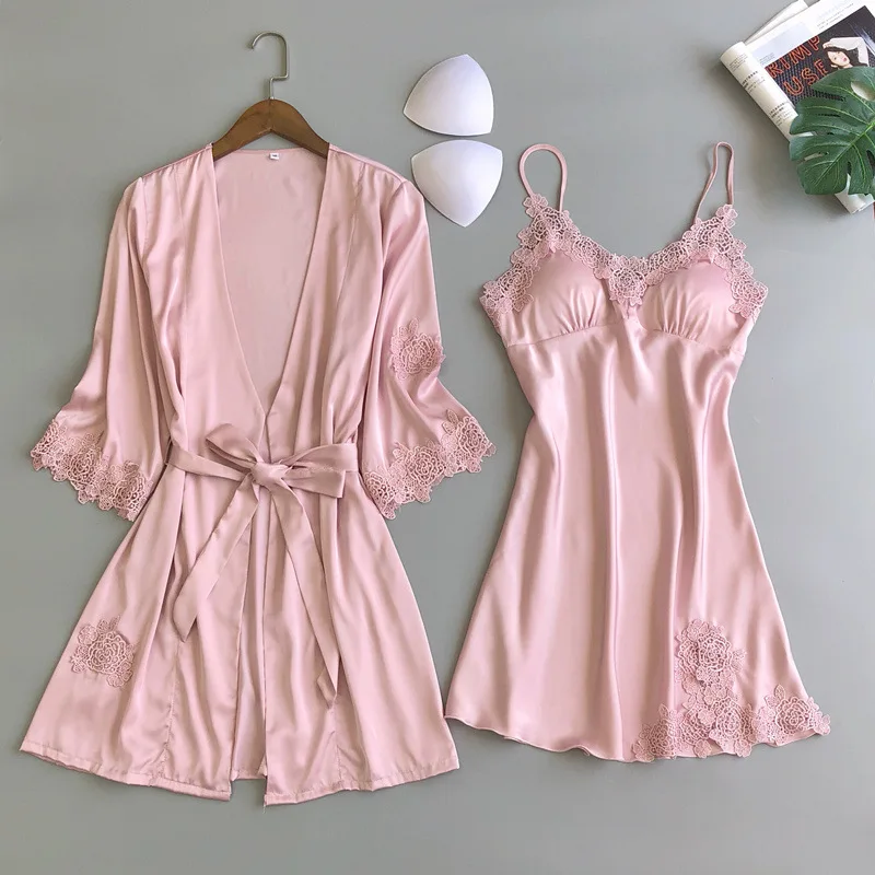 

Ночная сорочка на бретелях, шелковая ночная рубашка с нагрудной подкладкой, женский летний костюм из двух предметов, пижамные комплекты, Ха...