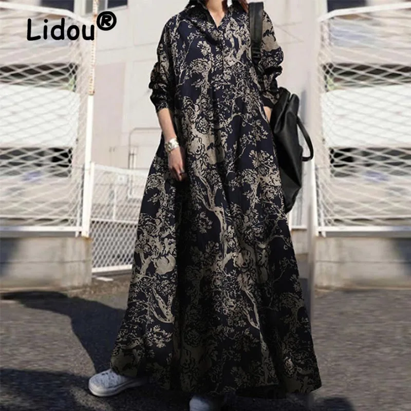 Купи Autumn Stylish Women Vintage Button Long Sleeve Loose Shirt Sundress 2022 Casual Long Maxi Dress Femme Print Party Vestidos Robe за 1,483 рублей в магазине AliExpress