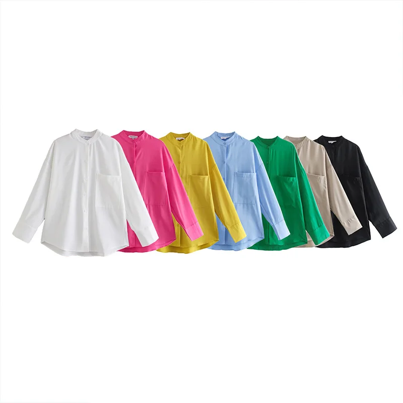 

Новинка Весна 2023, женские повседневные топы с круглым вырезом, однобортная Короткая свободная рубашка с длинным рукавом, 9478