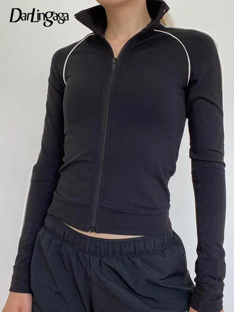 

Darlingaga Casual Zipper Stripe Patchwork Slim Women T-shirts Jacket Stand Collar Sporty Chic Top Autumn Outwear Sweat Shirt New