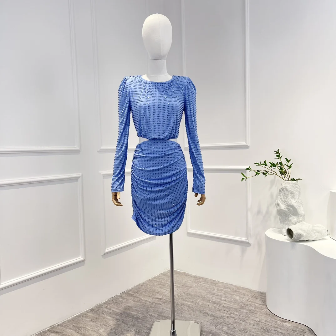 

2022 Autumn New Arrival Top Quality Cut Out Waist Design Diamond Patch Sky Blue Sexy Women Slim Mini Dresses for Party