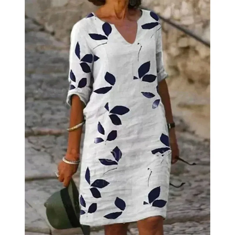 

2022 Elegant Print Women Dress Fashion Slim Fit V Neck Knee Length Short Sleeve Dresses Boho Summer Vintage Dress For Women
