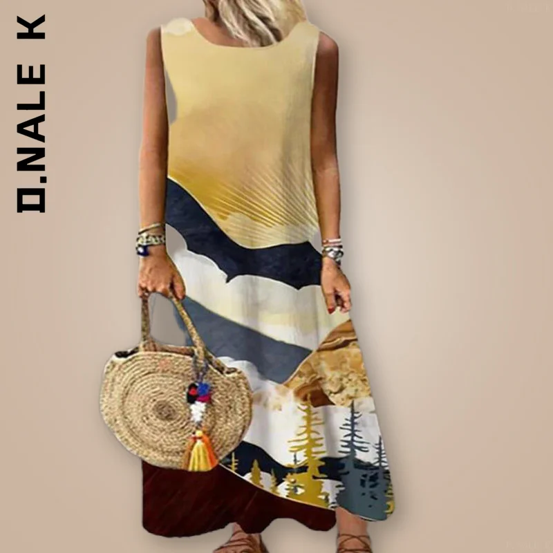 

Женское платье без рукавов с круглым вырезом и принтом, свободные женские Макси-платья, облегающие шикарные платья, мягкое женское платье д...