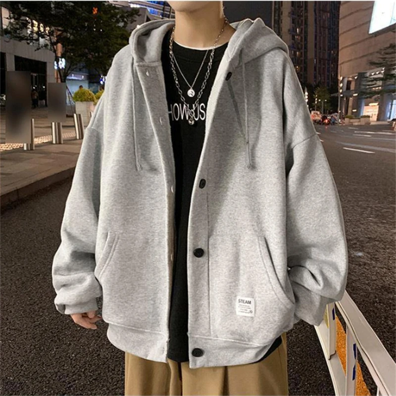 

Hooded Sweatshirts for Men Spring Casual Street Style Hoodies Loose Tops Single-breasted Cardigan Solid Color Coats