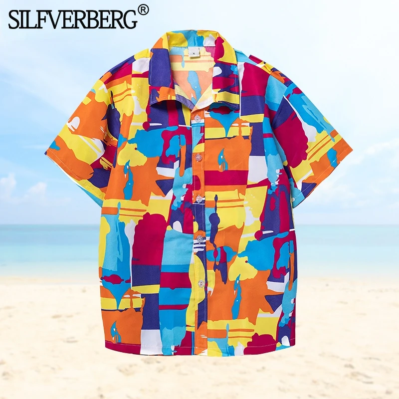 Colorful Print Hawaiian Aloha Shirt Men Summer New Short Sleeve Beach Shirts Mens Holiday Party Vacation Clothing chemise homme