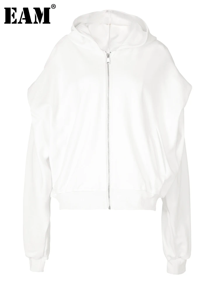 

[EAM] Loose Fit White Spliced Casual Big Size Jacket New Hooded Long Sleeve Women Coat Fashion Tide Spring Autumn 2023 1DF6404