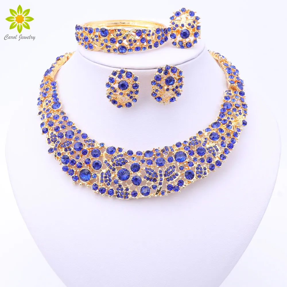 

4Color Nigerian Wedding African Beads Jewelry Set Crystal Gold Color Necklace Jewelry Set Wedding Accessories Party For Women