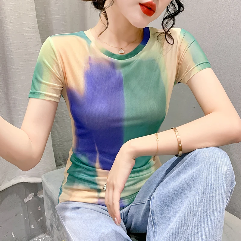 

Girls Summer Mesh Tee T Shirts Female O Neck Short Sleeve Contrast Color Tshirt Tops For Women