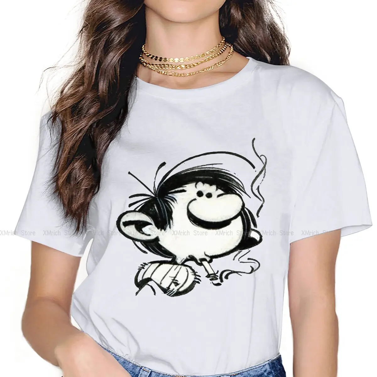 

Gomer Goof Smoking a Cigarette Women Clothes Gaston Lagaffe Comics Oversized T-shirt Harajuku Vintage Female Top