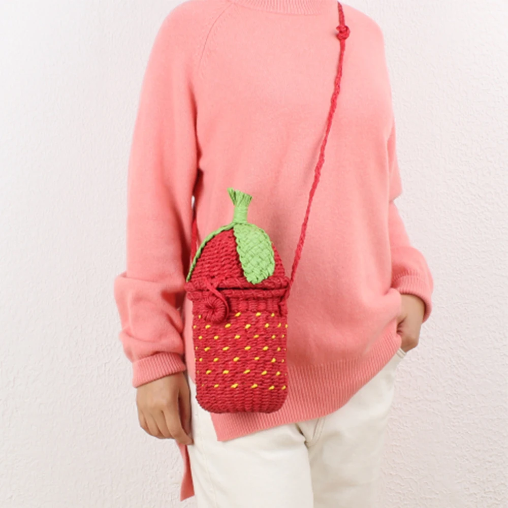Bohemian Handmade Woven Rattan Beach Bag Funny Strawberry Straw Bags for Women Brands Bali Travel Shoulder Crossbody Bag Tote