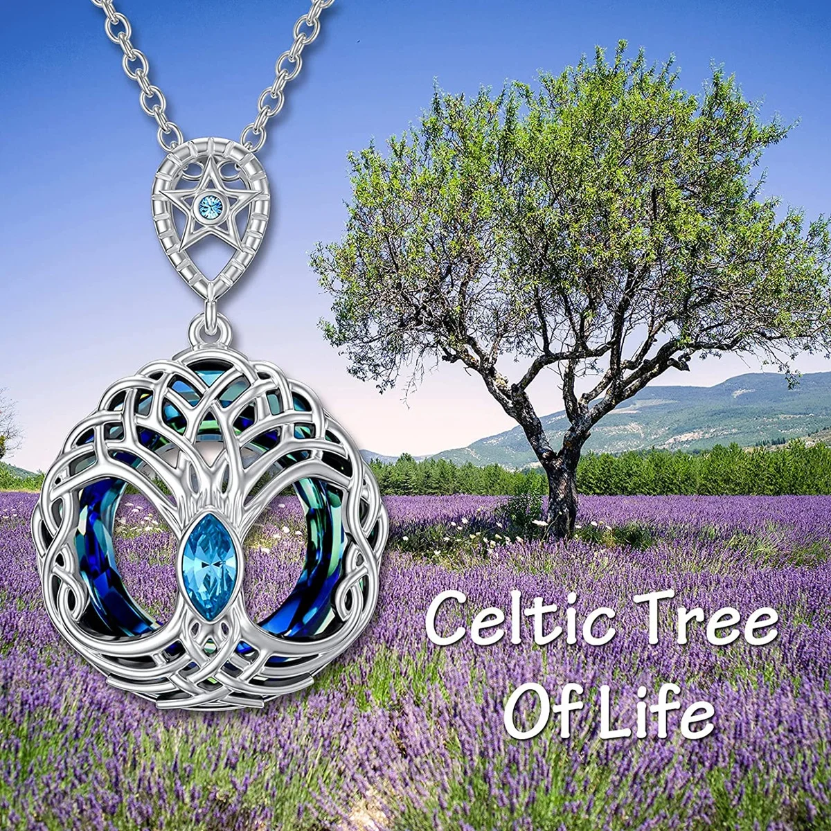 Silver Celtic Tree of Life Necklace for Women Star Family Tree Round Blue Crystal Pendant Birthday Gifts for Women Collares