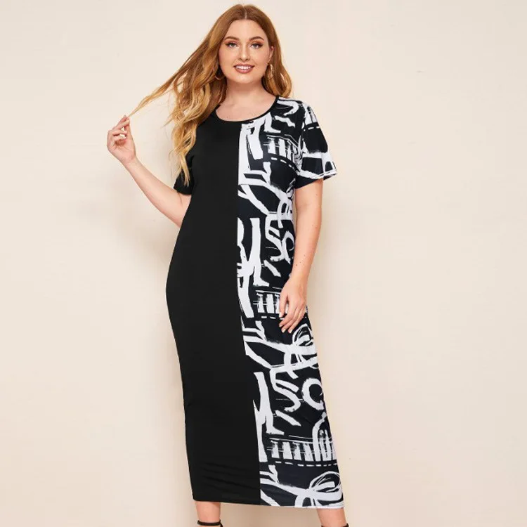 2022 Summer Women Sexy Round Neck Short Sleeve Color Contrast Stitching Black And White Printed Dress Long Skirt