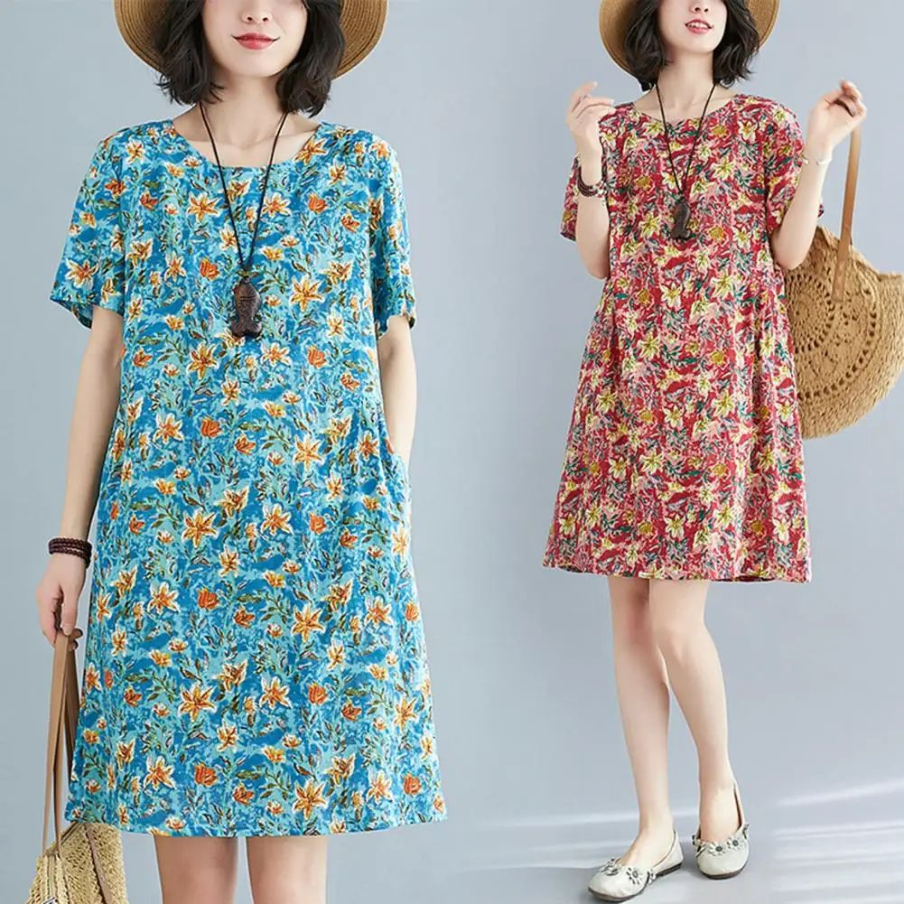 

Ladies Dress Floral Print Side Pocket Short Sleeve Women Dress Loose Waist O Neck Summer Dress Above Knee Length Large Hem Dress