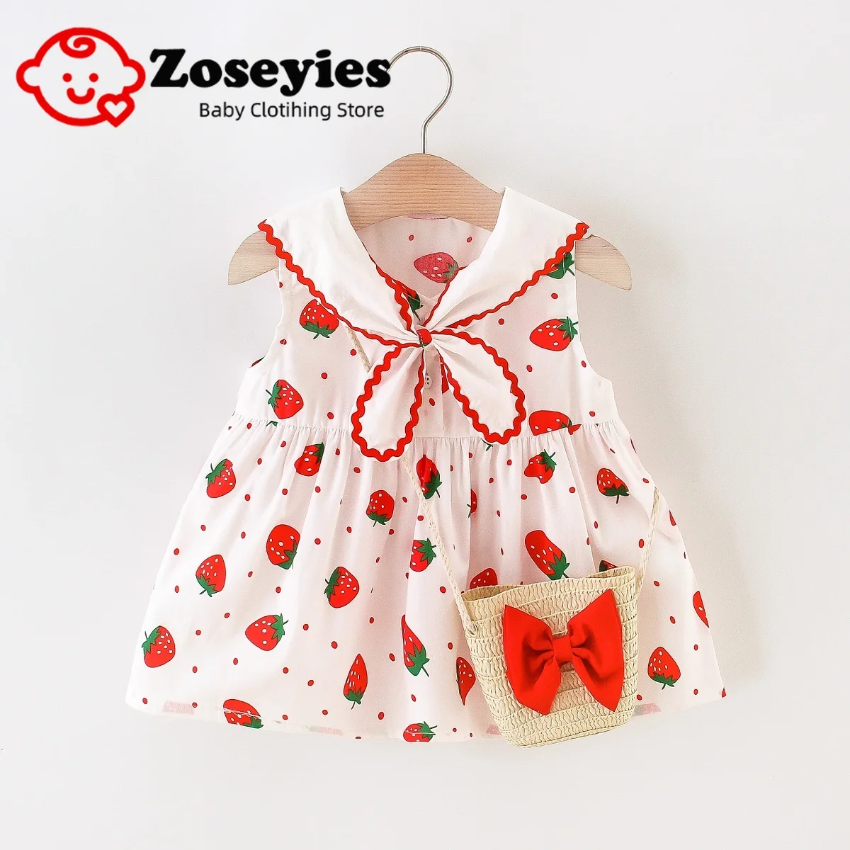 

Summer baby girls dress casual holiday printing sleeveless skirt knee-length cotton skirt belt bag