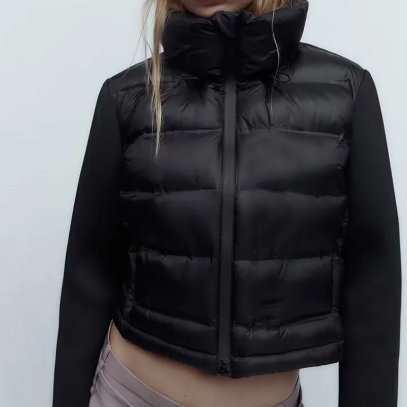 

Patchwork Winter Coat Women 2023 New Fashion Vintage Slim Solid Short Parkas Chic Casual Zippers Stand Collar Jackets