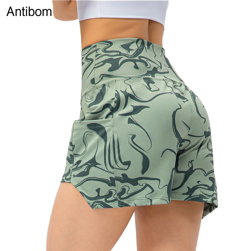 Antibom Sports Shorts Women's Printed Nude Loose High Waist Tennis Fitness Pants Pocket Breathable Running Casual Yoga Leggings