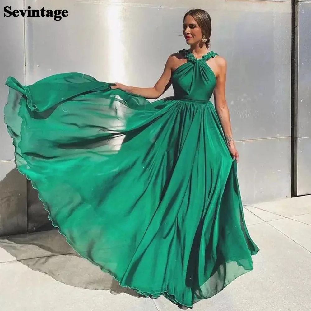 

Sevintage A Line Green Chiffon Prom Dresses Floor Length Pleats Formal Wedding Party Bridesmaid Dress Evening Gowns For Women