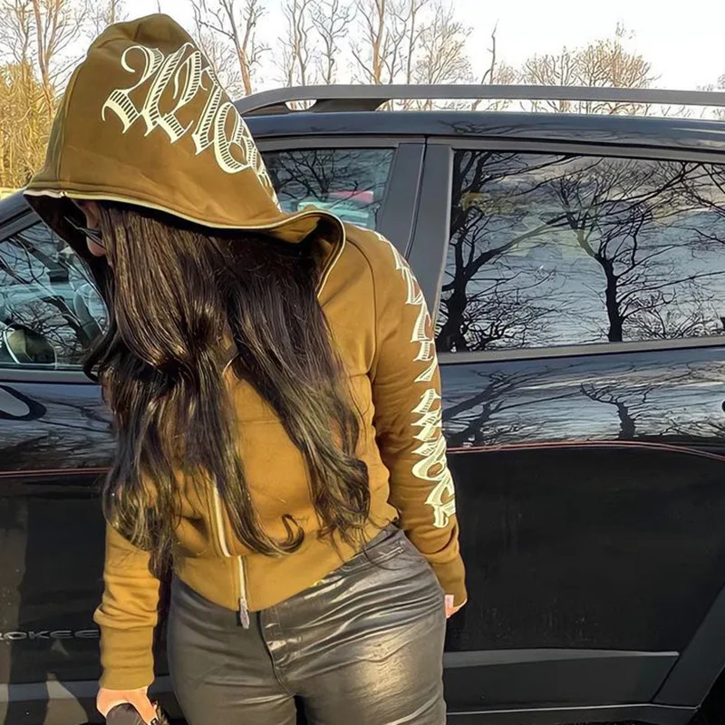 

Gothic letters print hooded sweatshirt women long sleeve front pocket hoodies zipper zip up fall clothes streetwear fashion