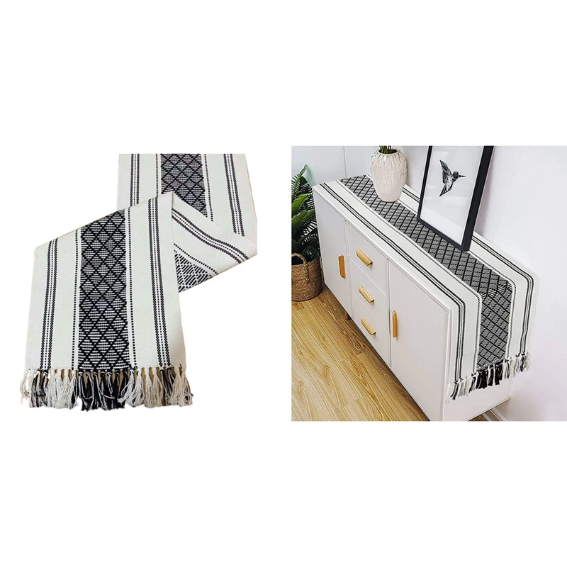 

Table Runner, Washable Cotton Fabric Table Decoration With Tassels For Dining Room Outdoor Wedding Holiday