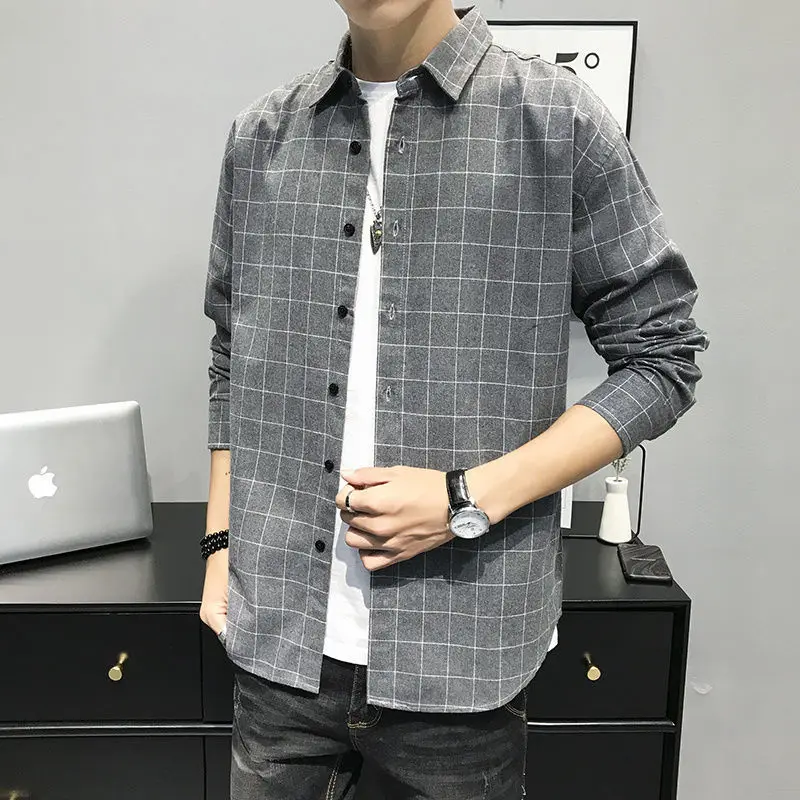 Fashion Lapel Button Spliced Pockets Lattice Shirts Men's Clothing 2022 Autumn New Oversized Casual Tops All-match Korean Shirt