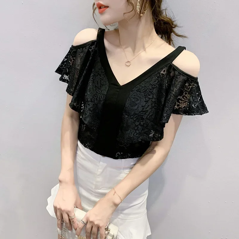 Лето 2023 новая сексуальная кружевная футболка с v-образным вырезом женская