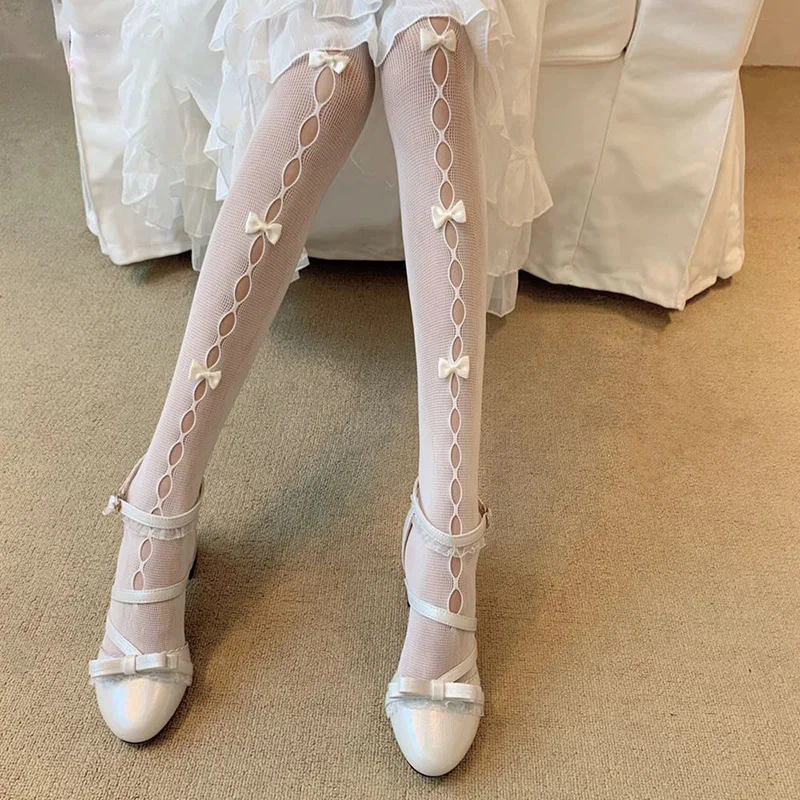Japanese Lolita Kawaii Women Stockings Hollow Out Hole Fishnet Pantyhose Sweet Handmade Bowknot socks Stretch Tights Stockings