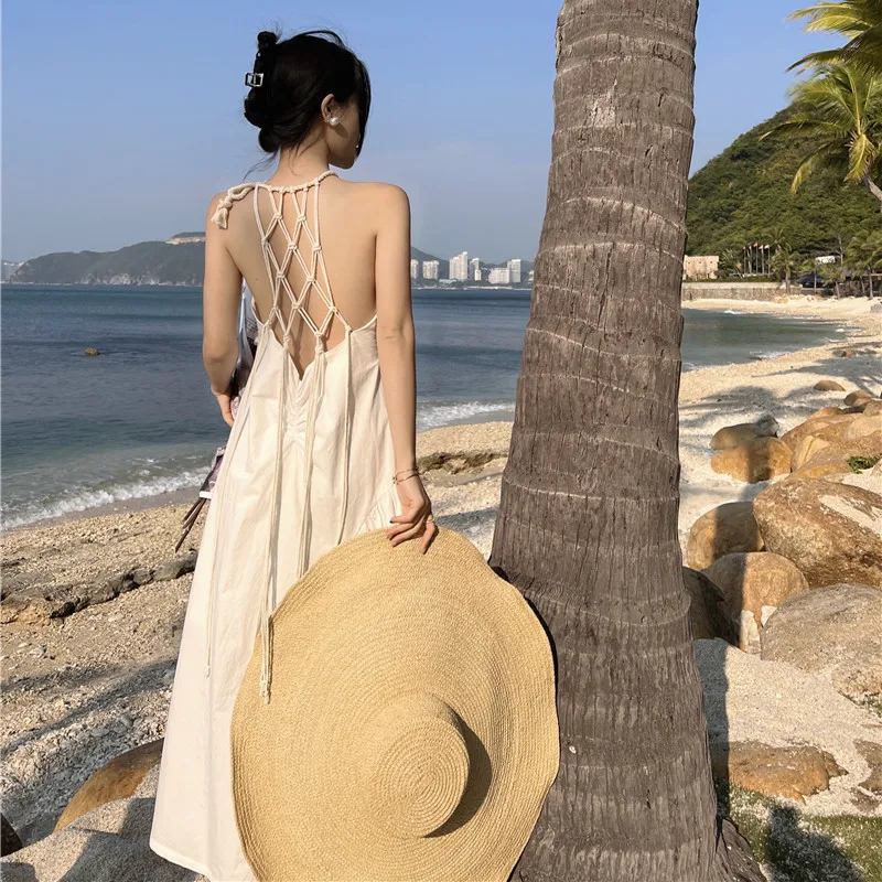 

2022 Summer New Simple Handmade Hemp Rope Braided Backless Holiday Beach Dress Women