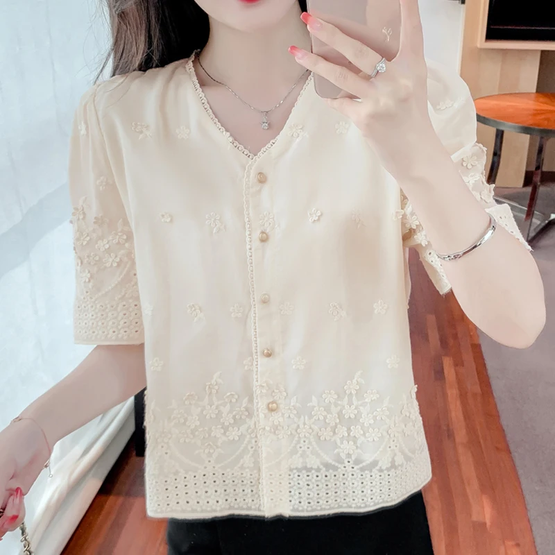 

Elegant V-Neck Embroidery Lace Blouse Women Summer 2023 Sweet Puff Short Sleeve Tops Ladies Hollow Casual Shirt Clothes 26872