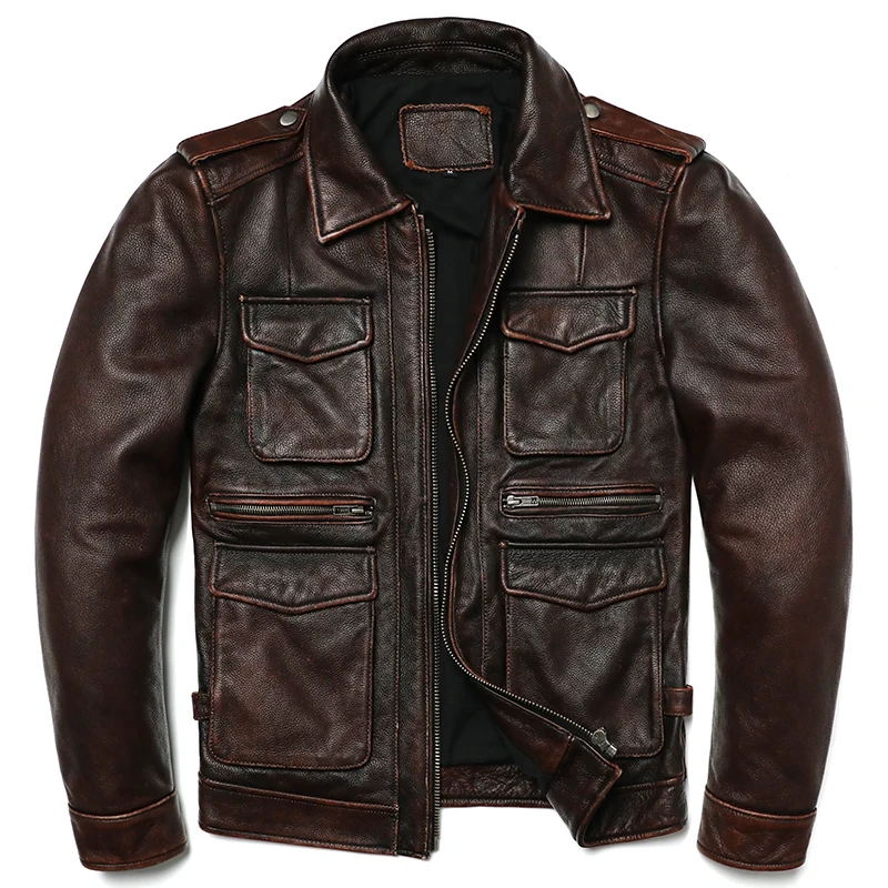 

Genuine Fashion Jacket Slim Coat Men Brown Style Jackets Cowhide Leather Vintage Man Natural