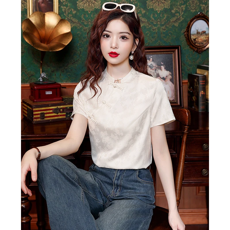 Женская шифоновая блузка в китайском стиле с коротким рукавом и
