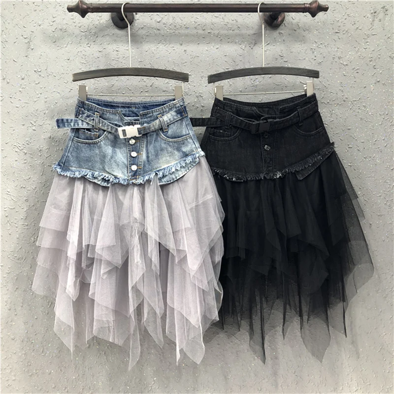 

TAFN Denim Jeans Tulle Skirts Womens High Waist Long Mesh Pleated Midi Y2K Gothic Skirt with Pockets Belt Tutu Jupe 2023