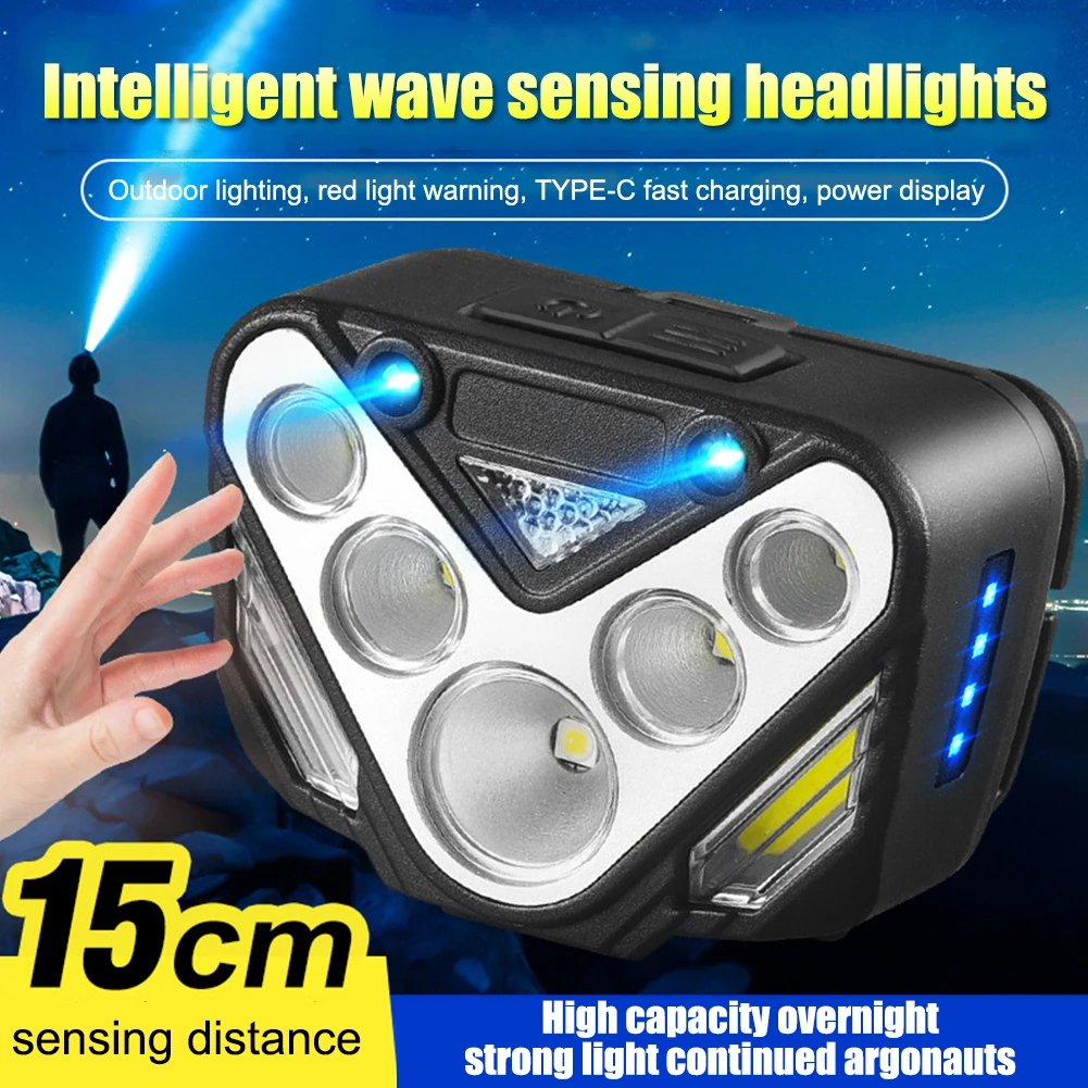 

Фонарь XPE + COB светодиодный для кемпинга, индукционный водонепроницаемый налобный фонарь с USB-зарядкой, 5 режимов работы, для рыбалки