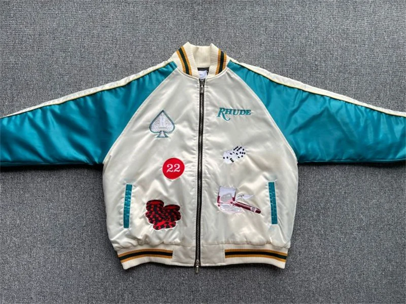 

Luxury Brand high quality Rhude Warm Bomb Jacket Men Women Patchwork 1:1 Top Version Coat Baseball Zip Embroidered Jackets