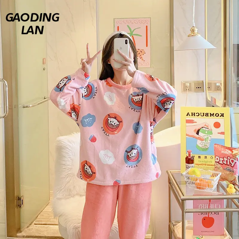 

Thick Warm Flannel Winter Women Long Sleeve Pajamas Set Large Size Cartoon Girl Print Home Pyjamas Female Coral Velvet Sleepwear