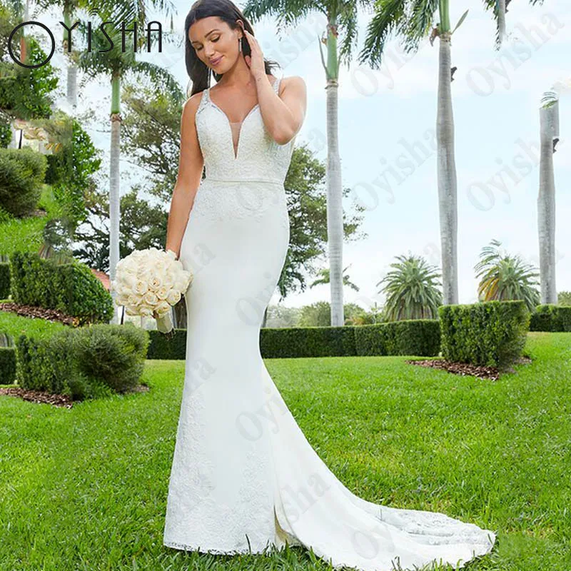 

Платье женское с V-образным вырезом, без рукавов, на пуговицах Свадебные платья с аппликациями V-образным вырезом Русалка Свадебные платья без рукавов Спагеттис Лямки Иллюзорная спина Пуговицы Vestido De Noiva