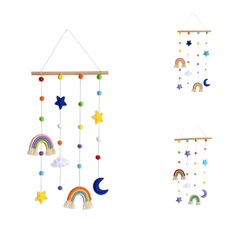 

Room Decoration Handmade Weaving Rainbow Wall Hanging Ornaments With Felt Ball Home Decor Wooden Stick Tassel Pendant