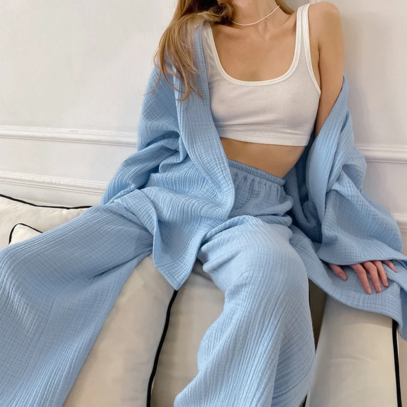 Women Fashion Loose Robe Two Piece Set Autumn Casual Tie-up Tops And Wide Leg Pants Suit Ladies Elegant Cotton Soft Sleepwear enlarge
