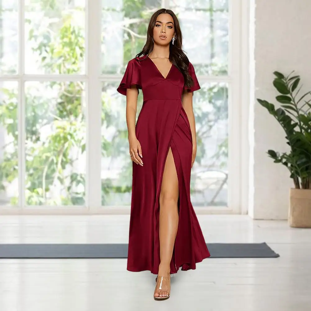 

Prom Dress Short Sleeves Evening Dress Satin Irregular Prom Dress